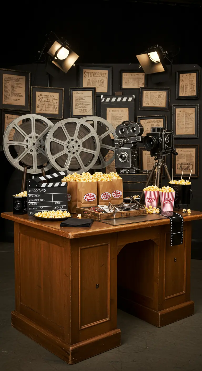 Ancien bureau de réalisateur avec caméra vintage, affiches encadrées et bobines de film.
