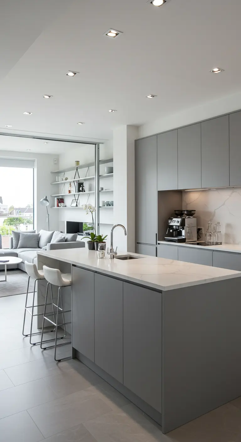 Îlot de cuisine moderne gris avec machine à expresso intégrée.