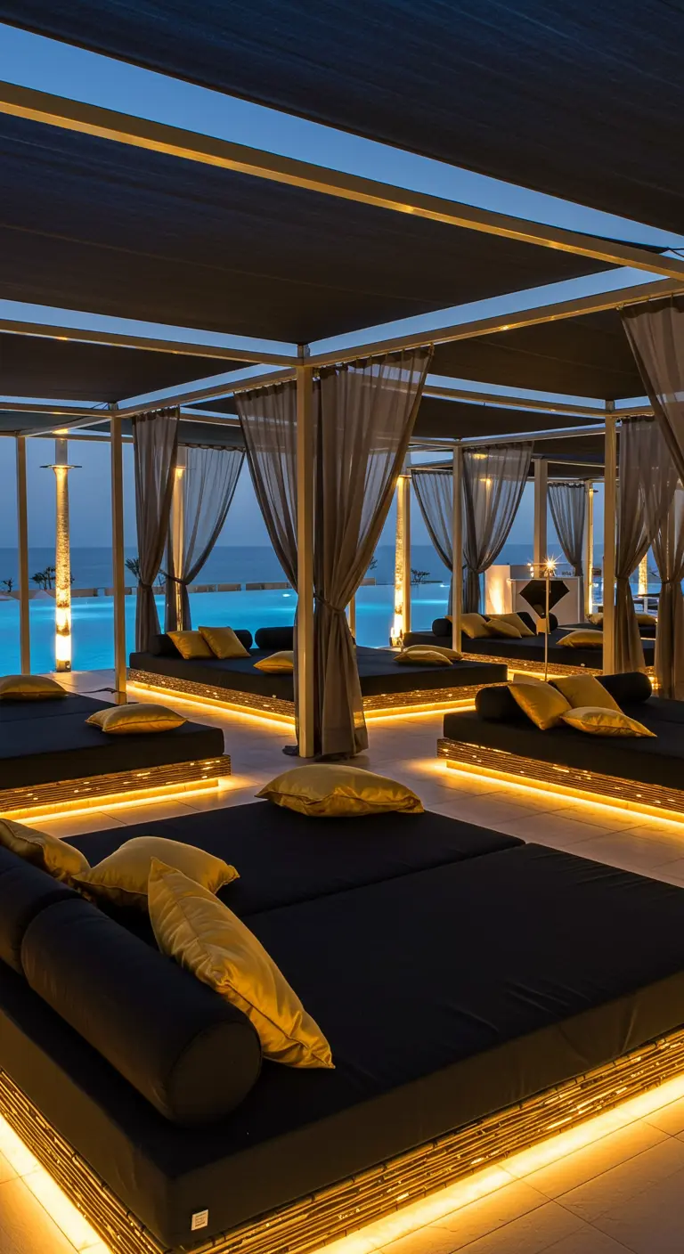 Cabanas de piscine avec lits de jour noirs, coussins dorés et éclairage LED sous les lits.