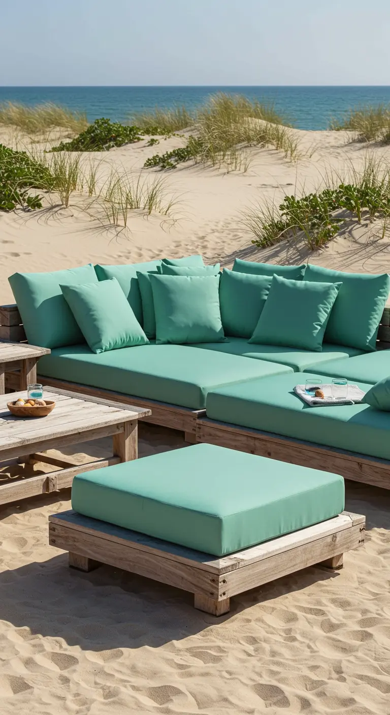 Grand salon modulable sur base en bois avec coussins vert d'eau sur la plage.