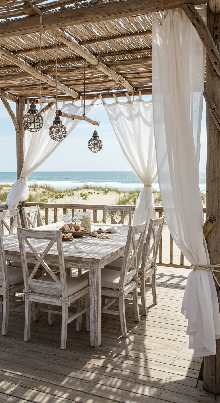 Pergola rustique en bois sur une plage avec du mobilier blanc