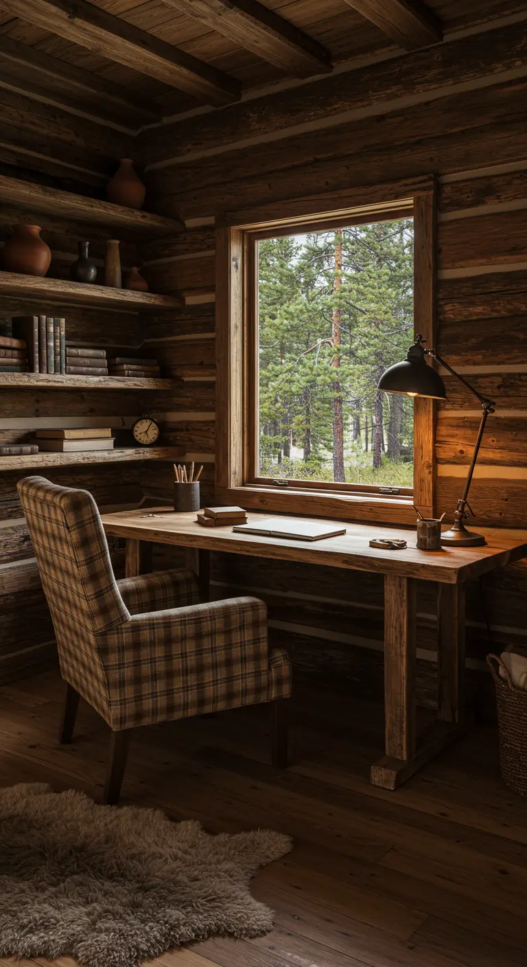 Bureau en bois dans un chalet en rondins, avec un fauteuil à carreaux et vue sur la forêt.