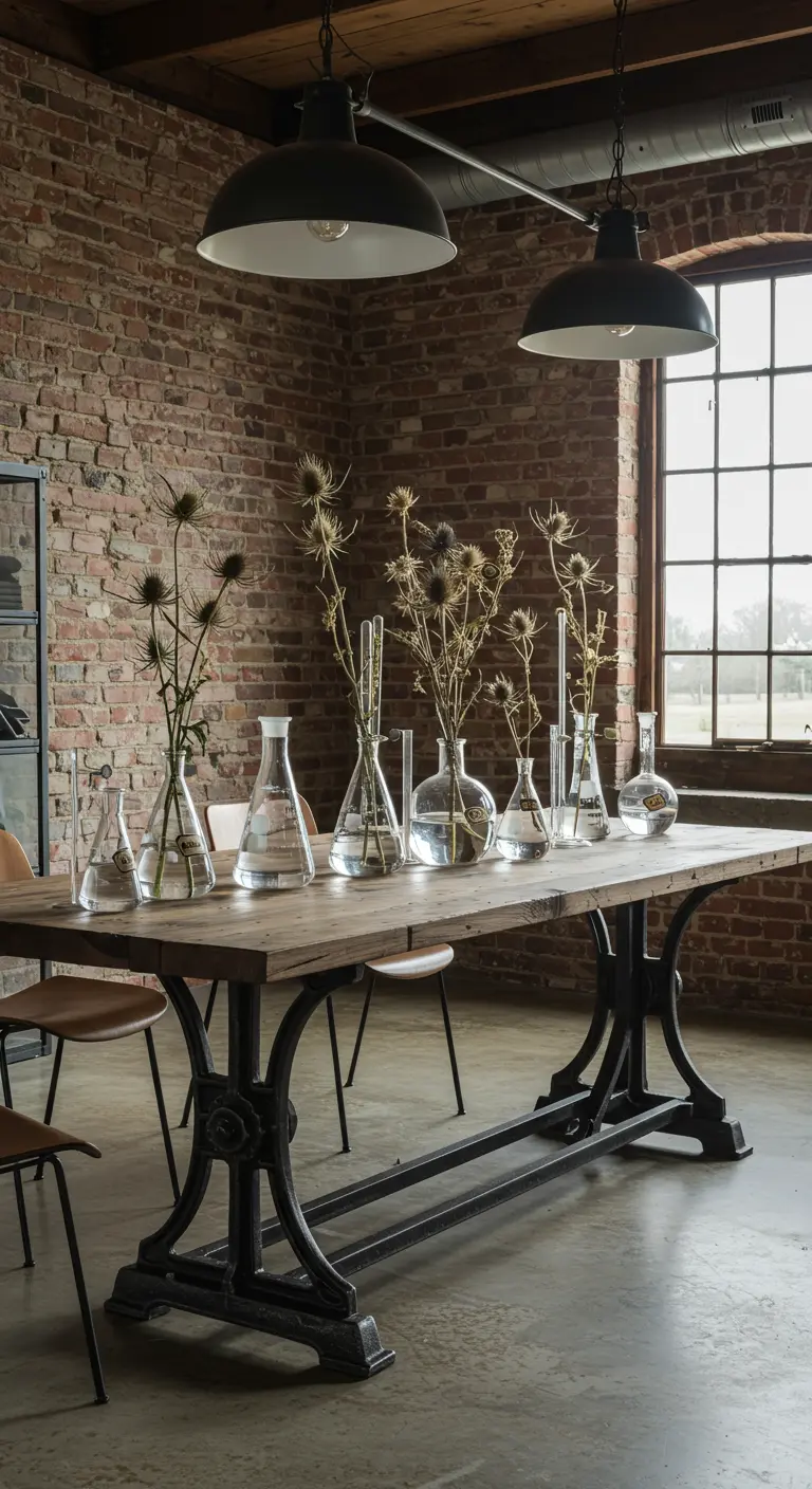 Chardons séchés dans de la verrerie de laboratoire sur une table industrielle.