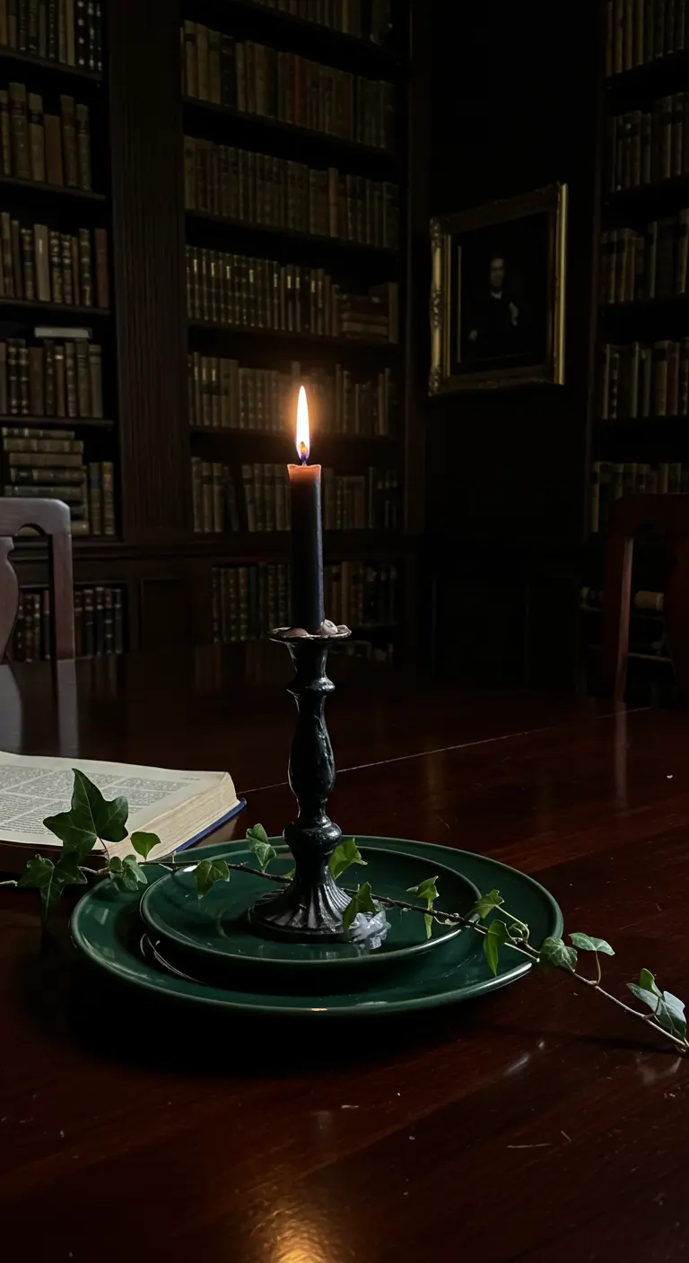 Centre de table gothique avec bougie noire, assiettes vertes et lierre rampant.