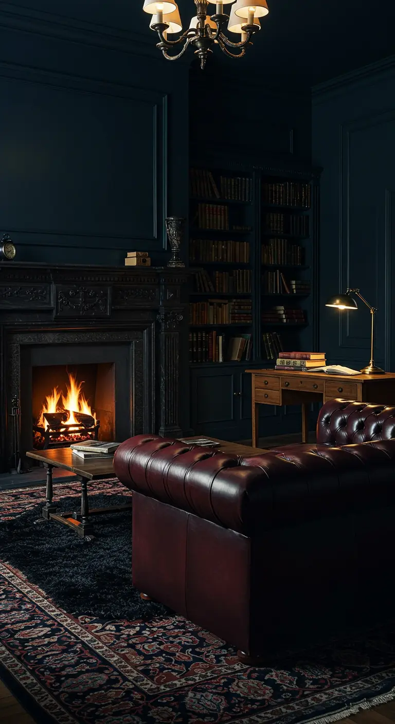 Salon sombre style bibliothèque avec cheminée ornée et canapé Chesterfield en cuir.