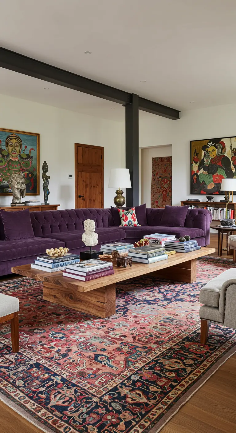 Salon éclectique avec grand canapé en velours violet, tapis persan et nombreux objets d'art.