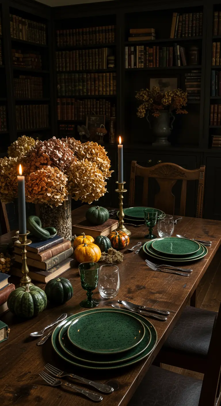Table sombre dressée dans une bibliothèque, avec des hortensias séchés, des livres et des courges vertes.