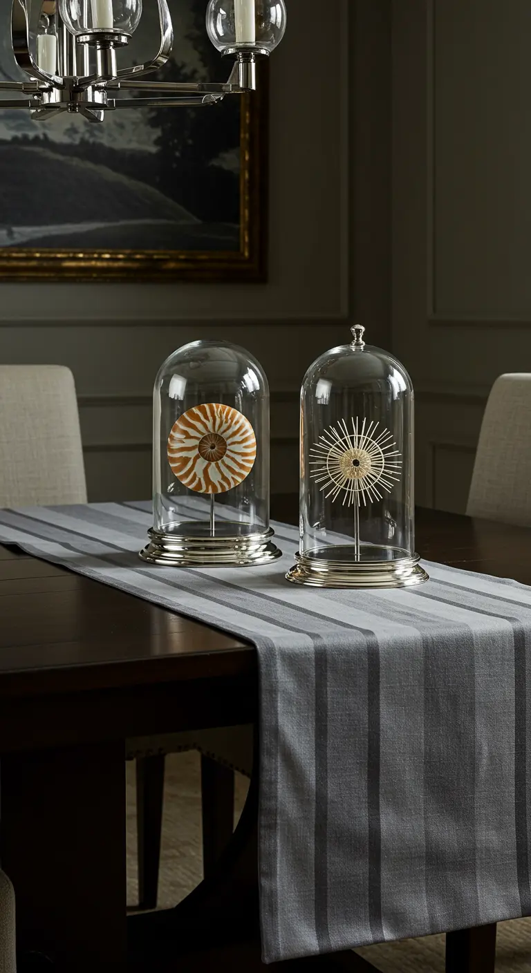 Deux coquillages rares présentés sous des cloches en verre sur un chemin de table gris.