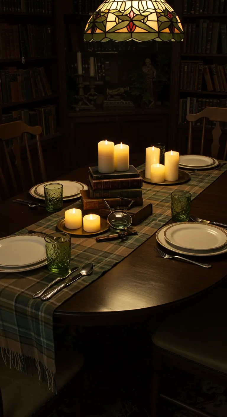 Table de dîner tamisée avec un centre de table composé de livres anciens et de bougies.