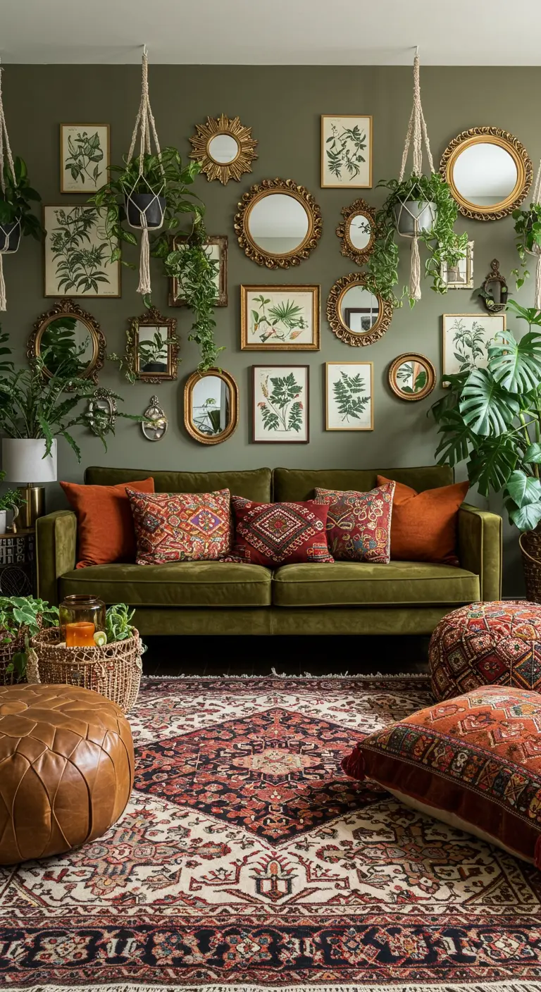 Salon maximaliste avec un mur vert olive, un canapé en velours et une collection de miroirs et plantes.