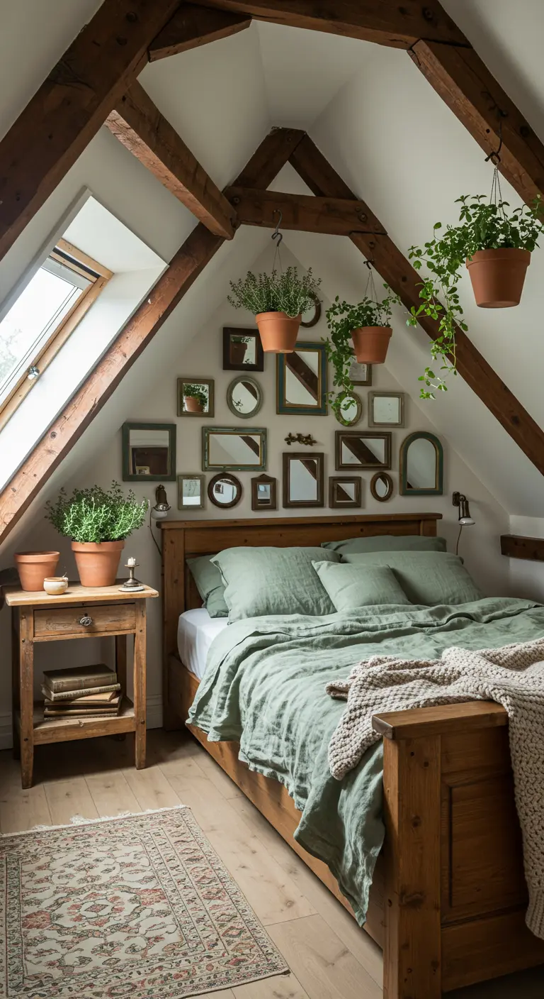 Chambre mansardée rustique avec poutres, lit en bois, literie vert sauge, mur de miroirs et plantes suspendues.