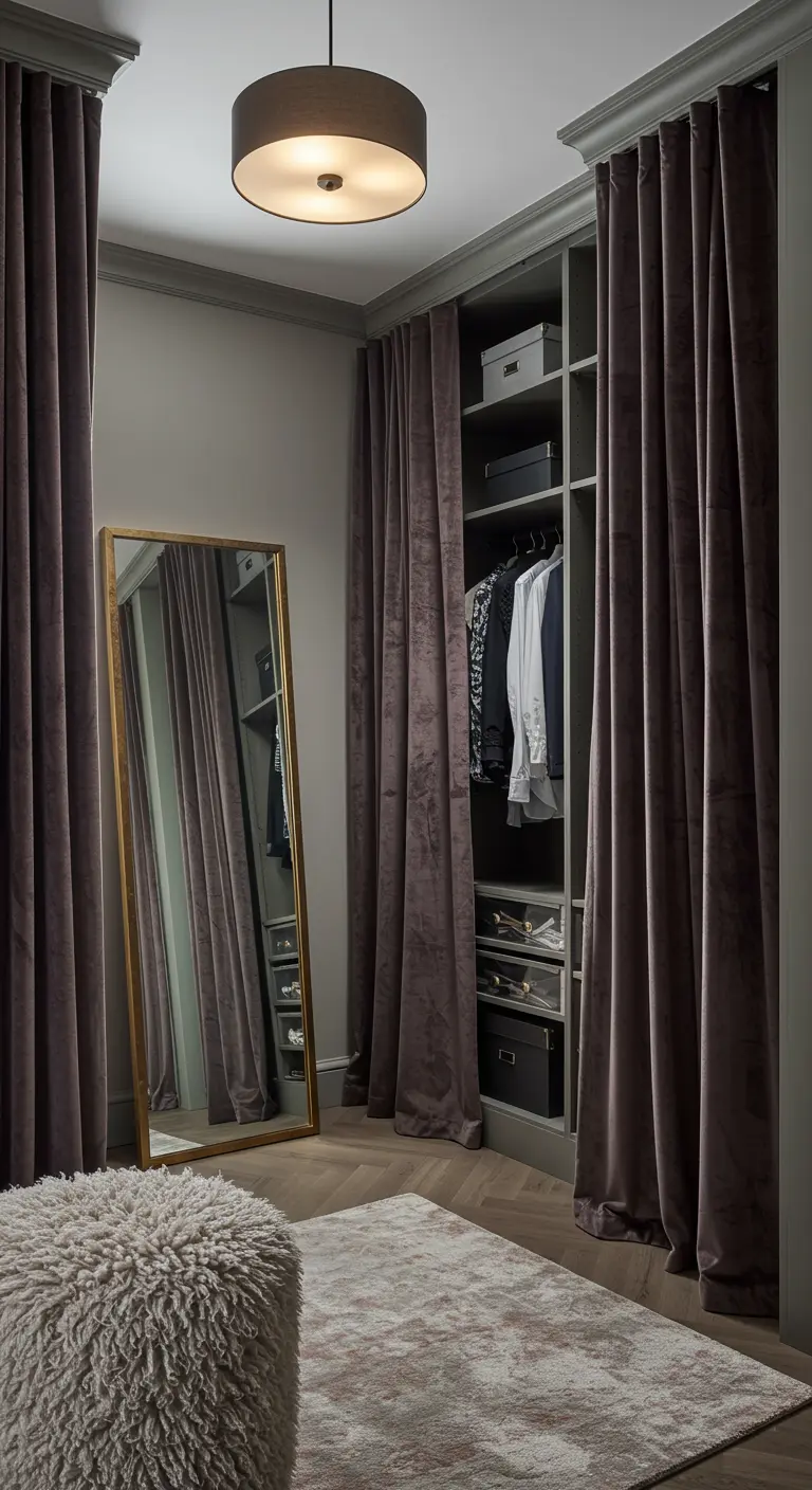 Dressing avec rideaux de velours épais, miroir sur pied doré et pouf en fausse fourrure.