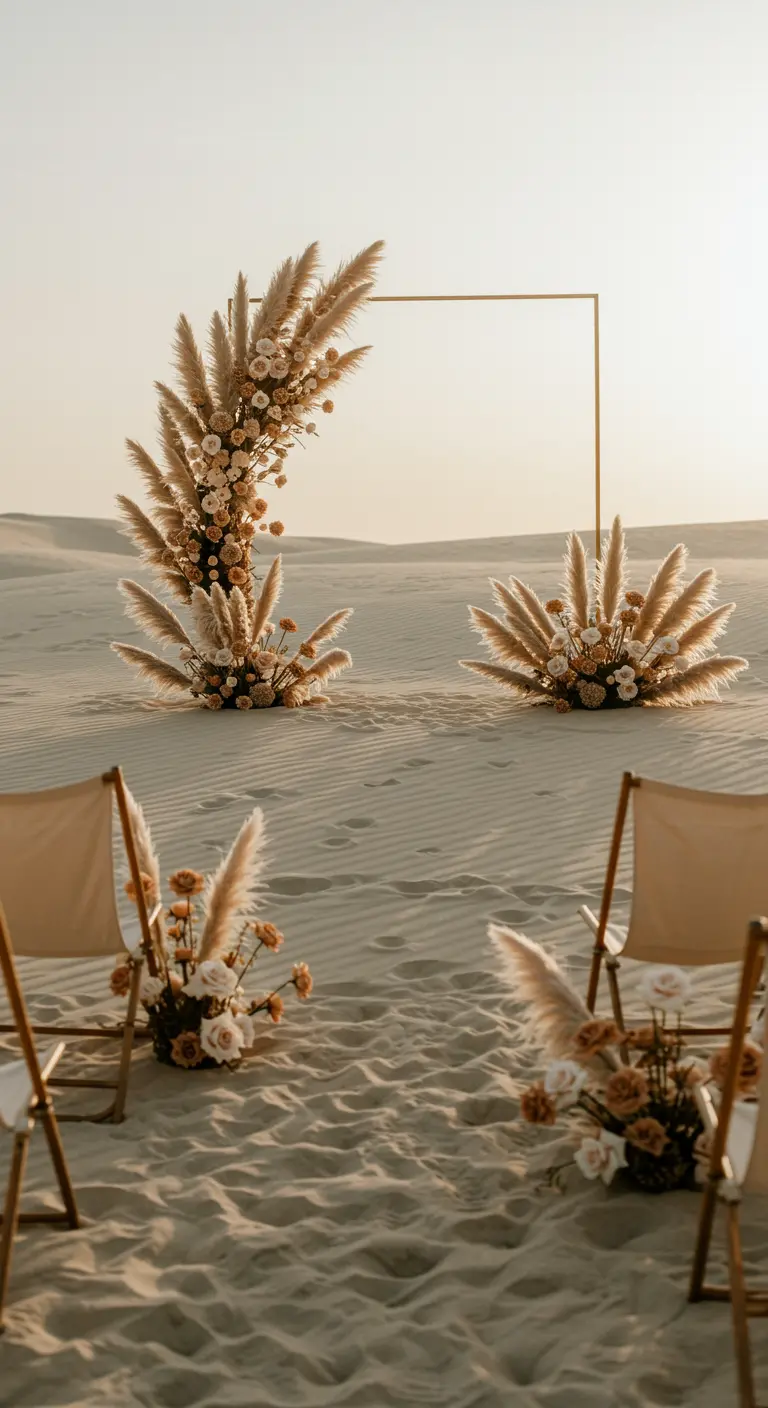 Cadre de mariage carré et minimaliste dans les dunes avec des arrangements de pampas.