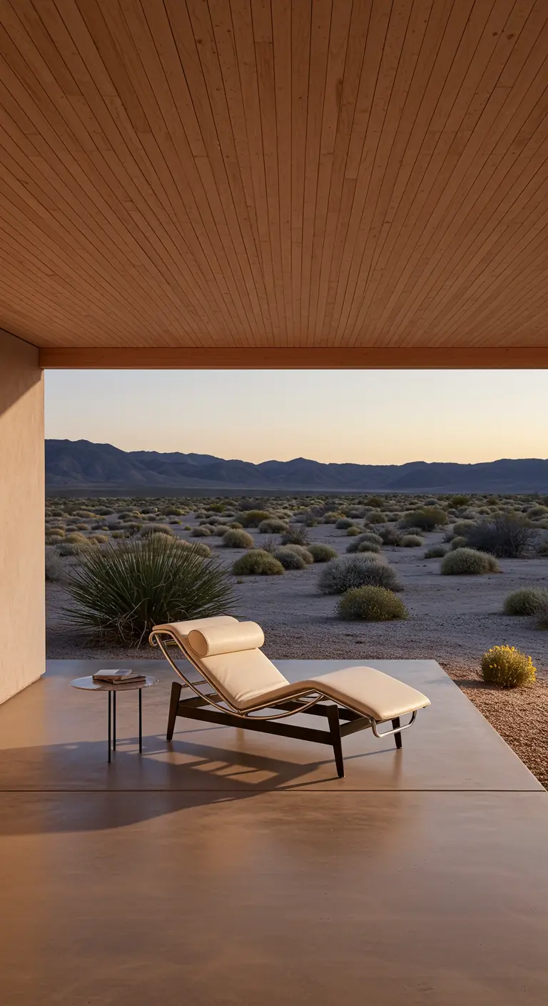 Une chaise longue de designer sous un auvent en bois, regardant un paysage désertique.