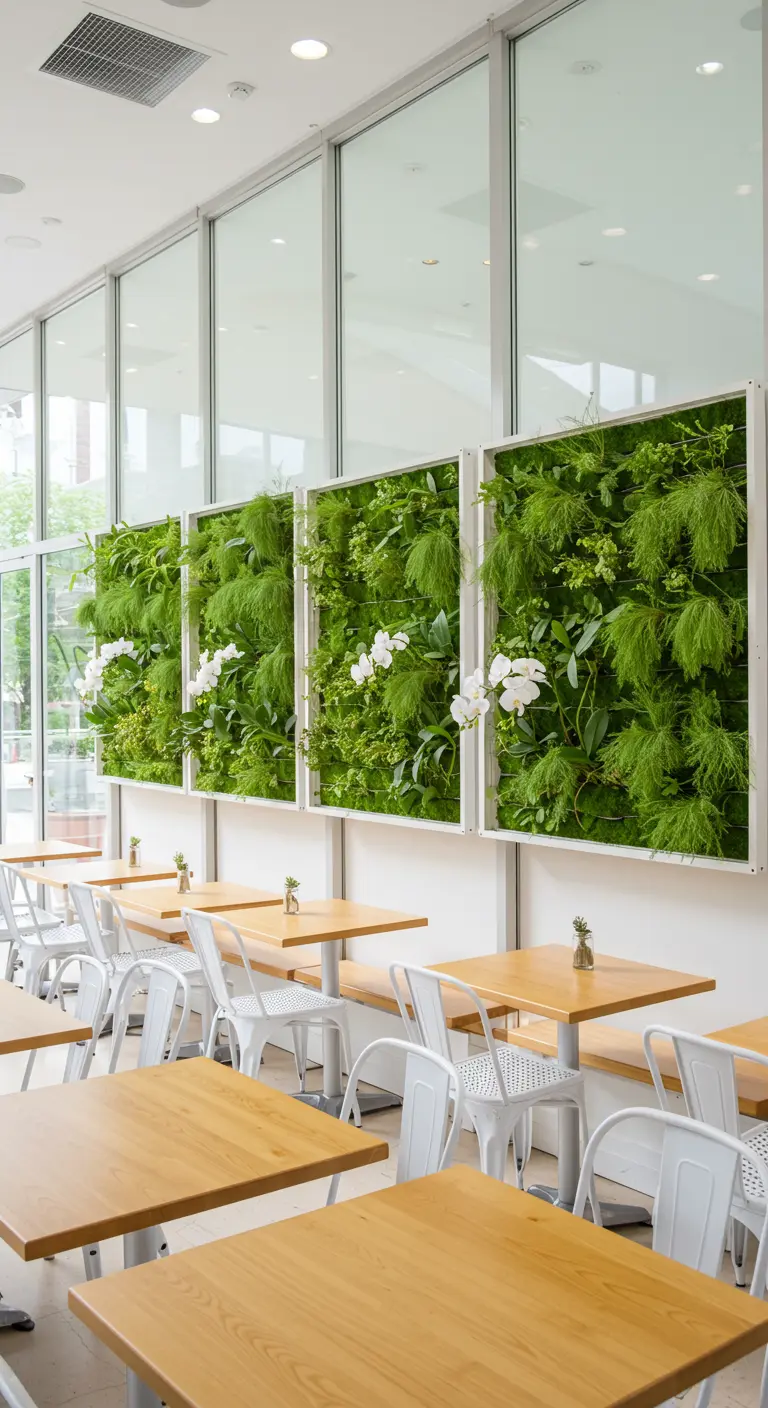 Trois cadres végétaux verticaux avec des orchidées blanches dans un café lumineux aux grandes fenêtres.