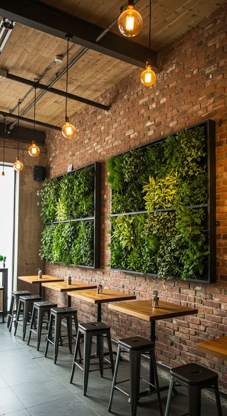 Deux grands cadres végétaux suspendus sur un mur de briques rouges dans un café industriel chic.