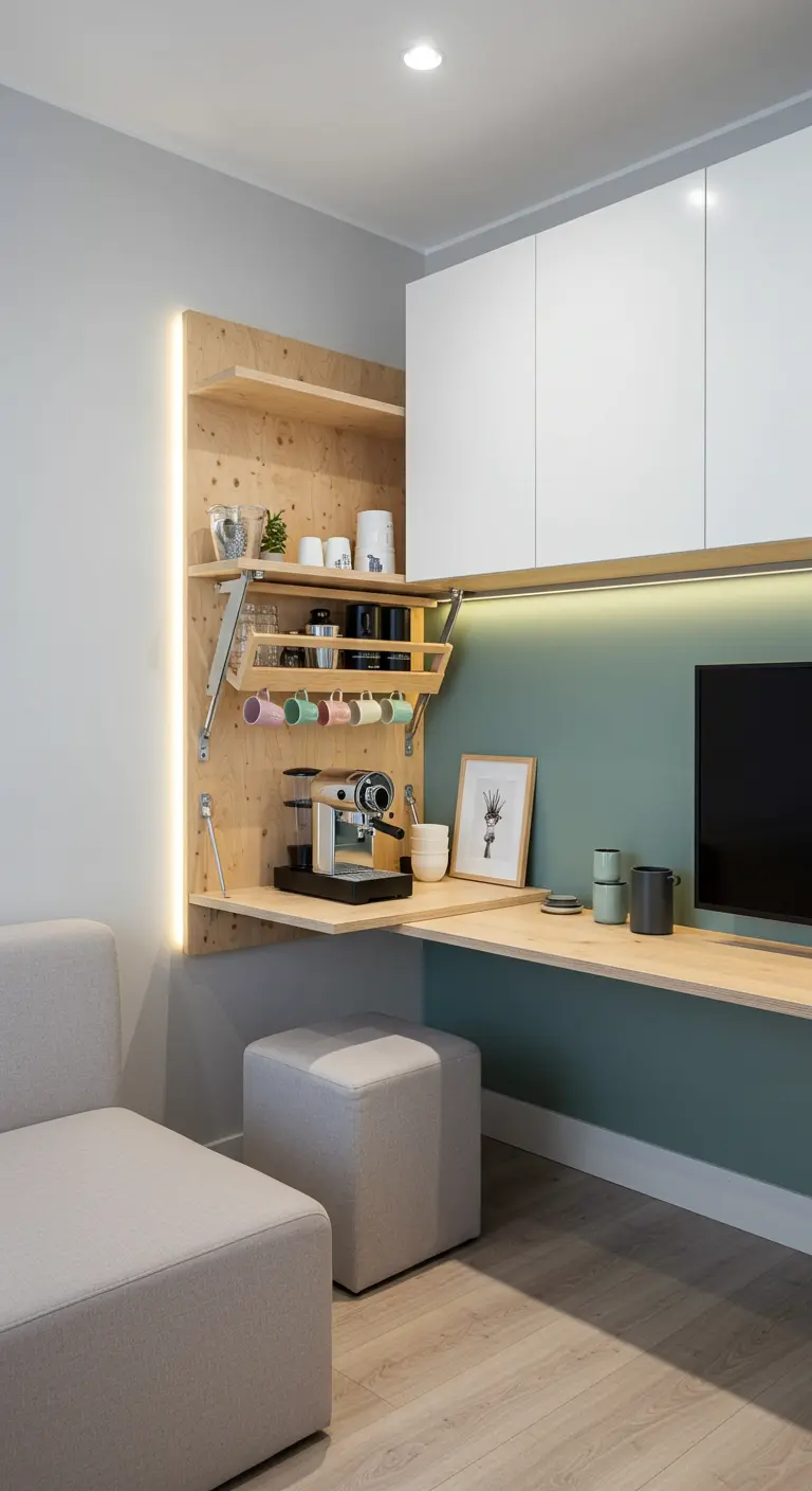 Mini-bar café intégré DIY avec étagères rabattables, éclairage LED et machine.