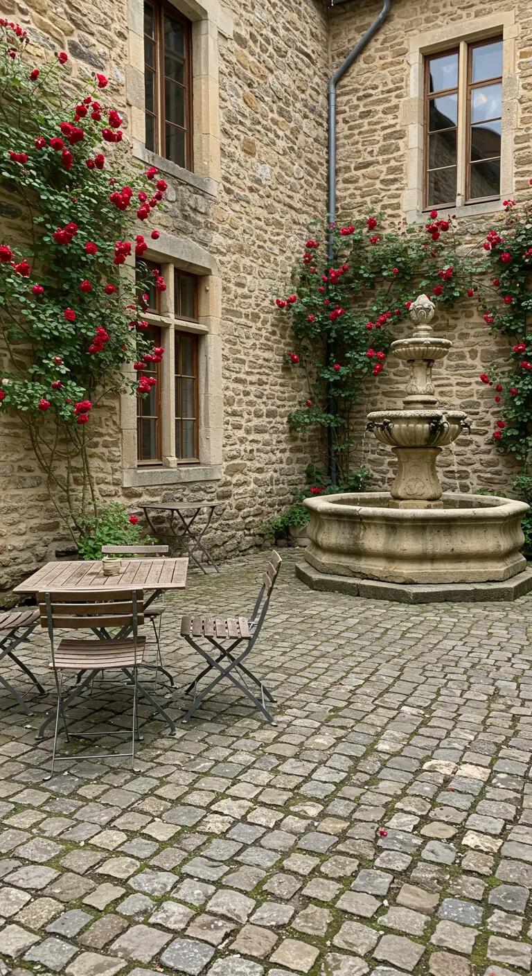 Petite table et chaises en bois dans une cour pavée avec une fontaine en pierre.