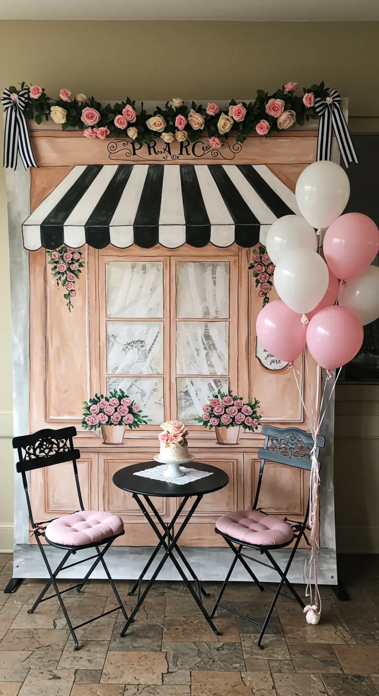 Photobooth thème café parisien avec une toile de fond peinte, une table de bistrot et des ballons.
