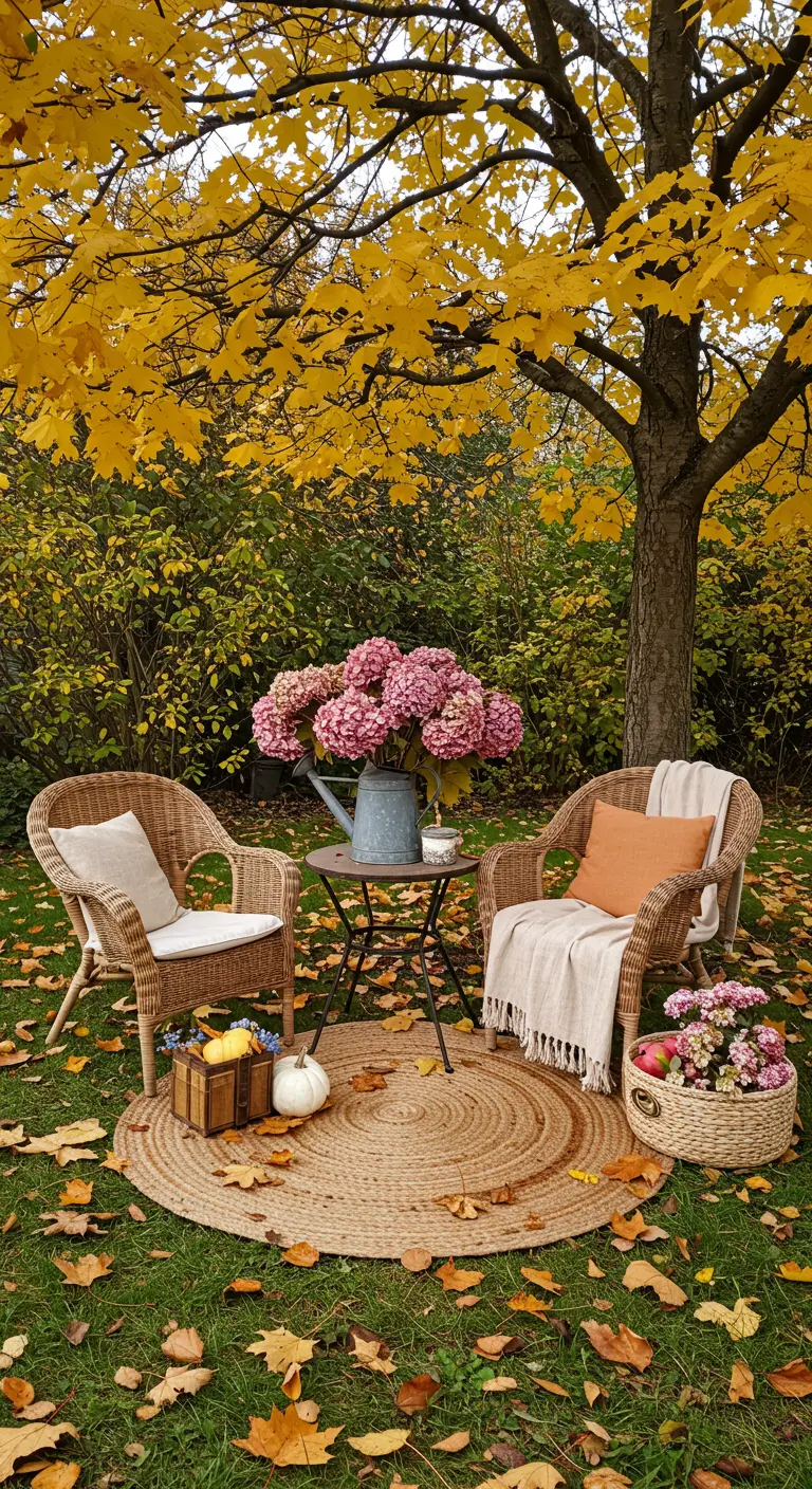 Coin détente dans un jardin d'automne avec chaises en osier et tapis rond.