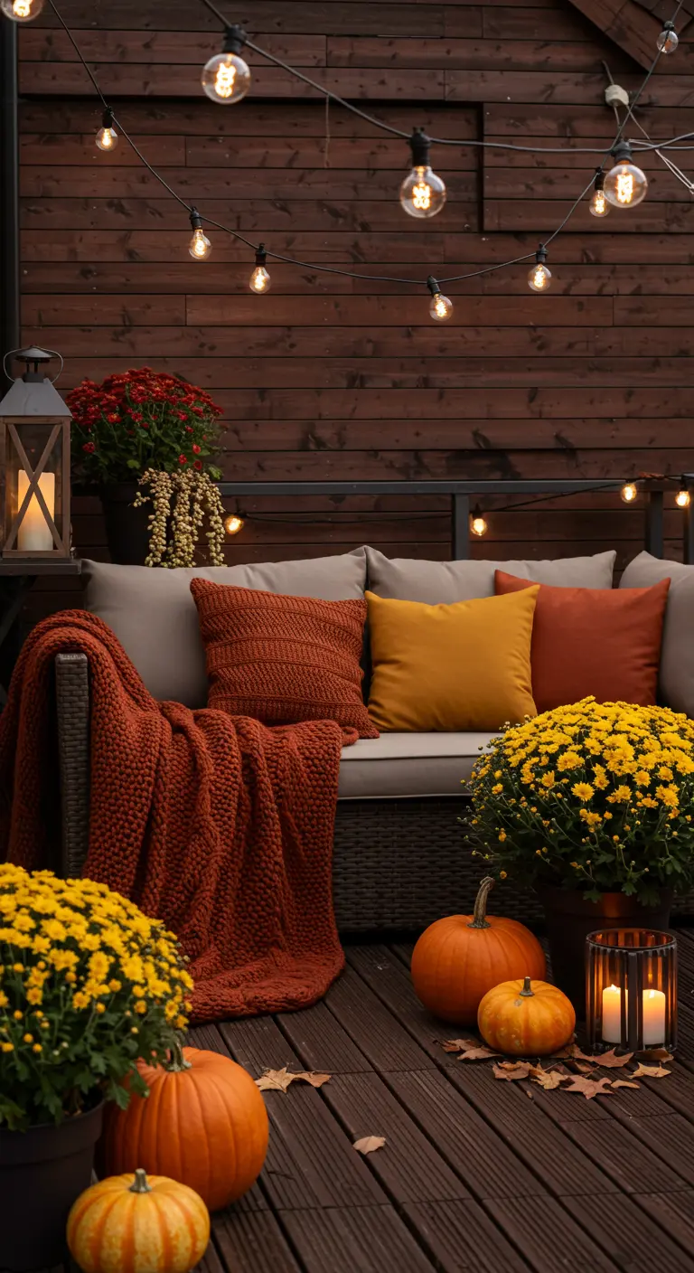 Balcon décoré pour l'automne avec un plaid orange, des citrouilles et des chrysanthèmes jaunes.