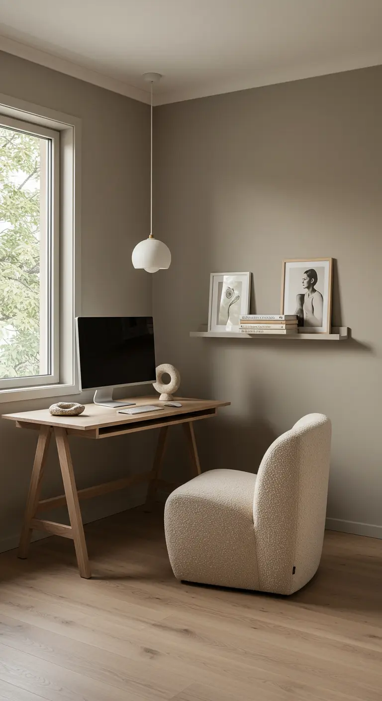 Bureau en bois clair avec un fauteuil bouclette blanc dans un coin aux murs beiges.
