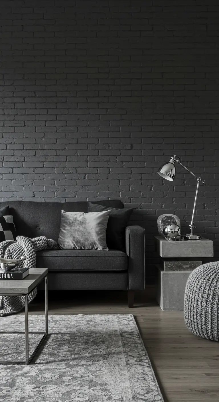 Salon monochrome avec mur de briques gris foncé, canapé et accessoires dans les tons de gris.