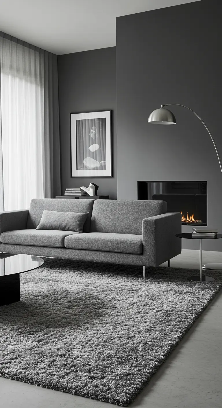 Canapé gris moderne sur un tapis shaggy gris clair dans un salon monochrome.
