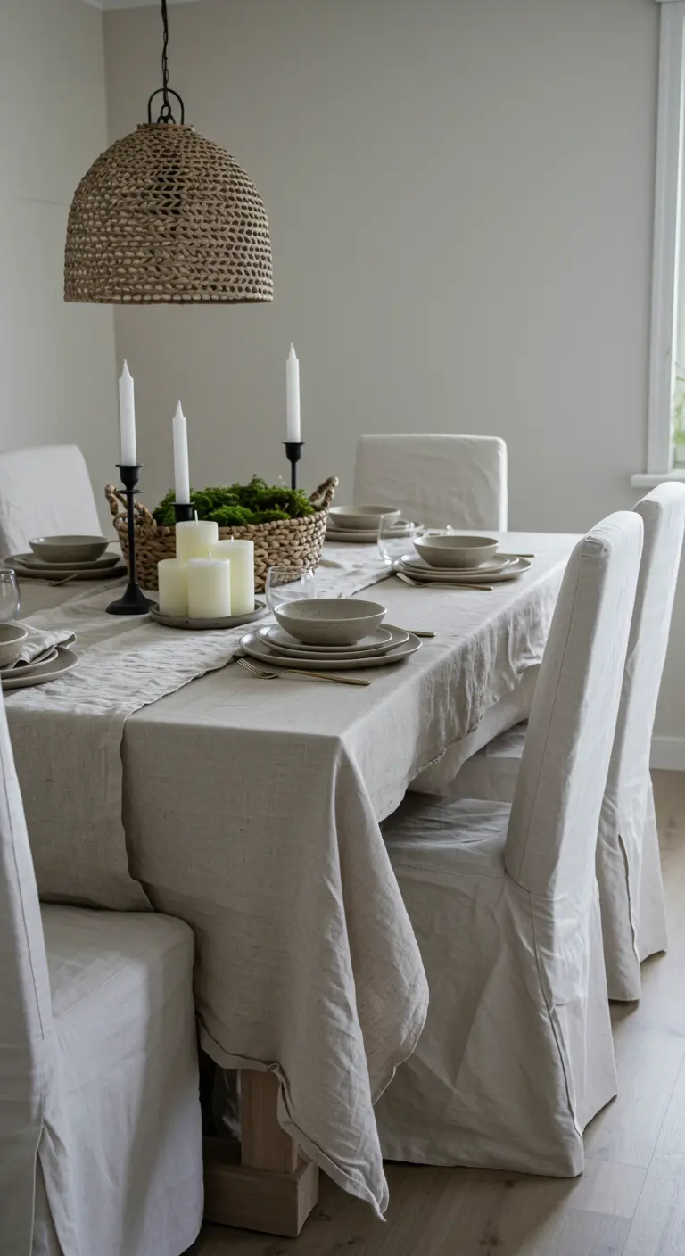 Table de fête entièrement habillée de lin de couleur naturelle, avec des housses de chaise.
