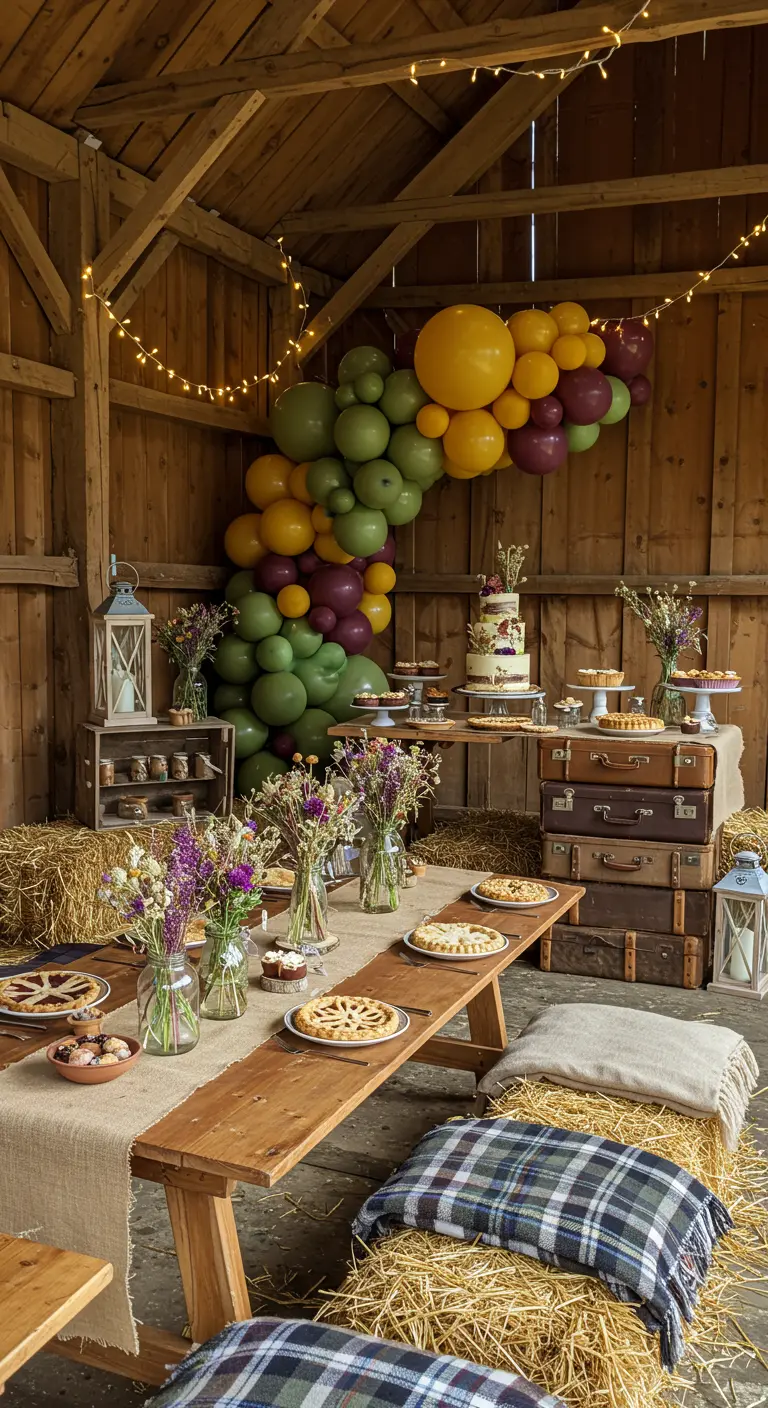 Fête d'anniversaire champêtre dans une grange avec des ballons colorés et bottes de foin.