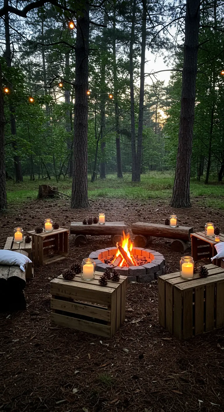 Scène de feu de camp dans les bois avec des caisses en bois servant de tables, décorées de bougies.