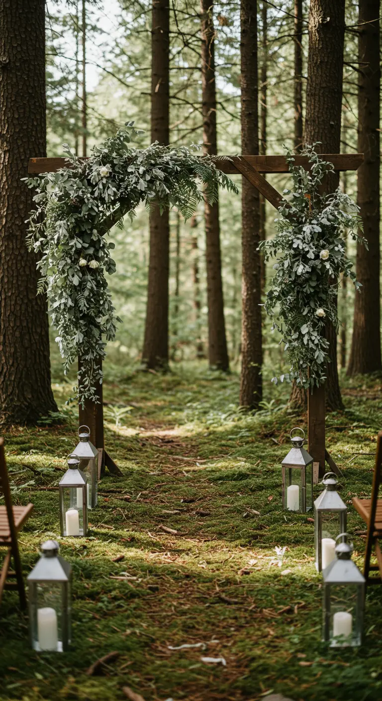 Arche en bois couverte de feuillage et de roses blanches dans une forêt.