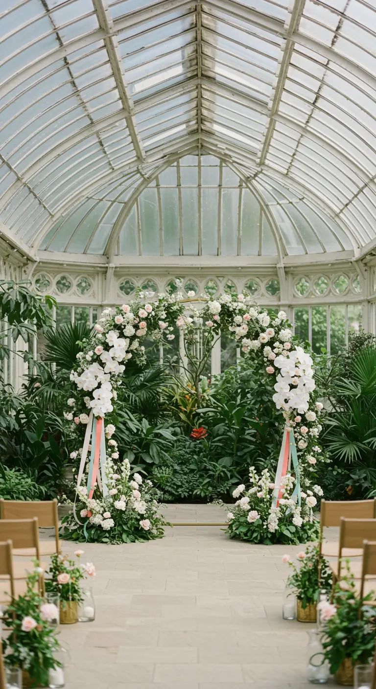 Arche de mariage fleurie de blanc et rose dans une grande serre botanique.