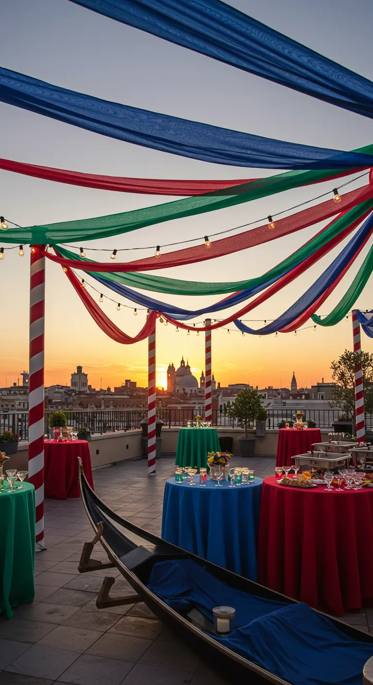 Rooftop décoré avec des rubans de tissu colorés, des tables de fête et une gondole.