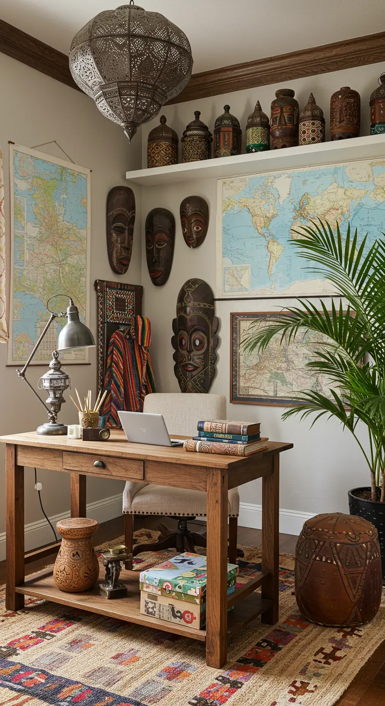 Bureau éclectique rempli de cartes du monde, de masques africains et d'objets de voyage.