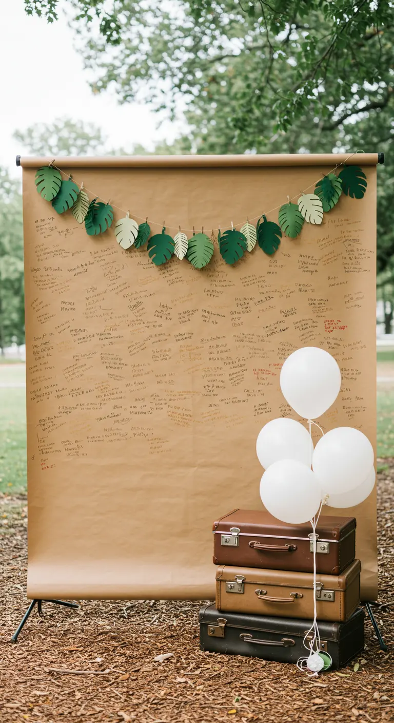 Photobooth avec fond en papier kraft pour les messages des invités, et valises vintage.