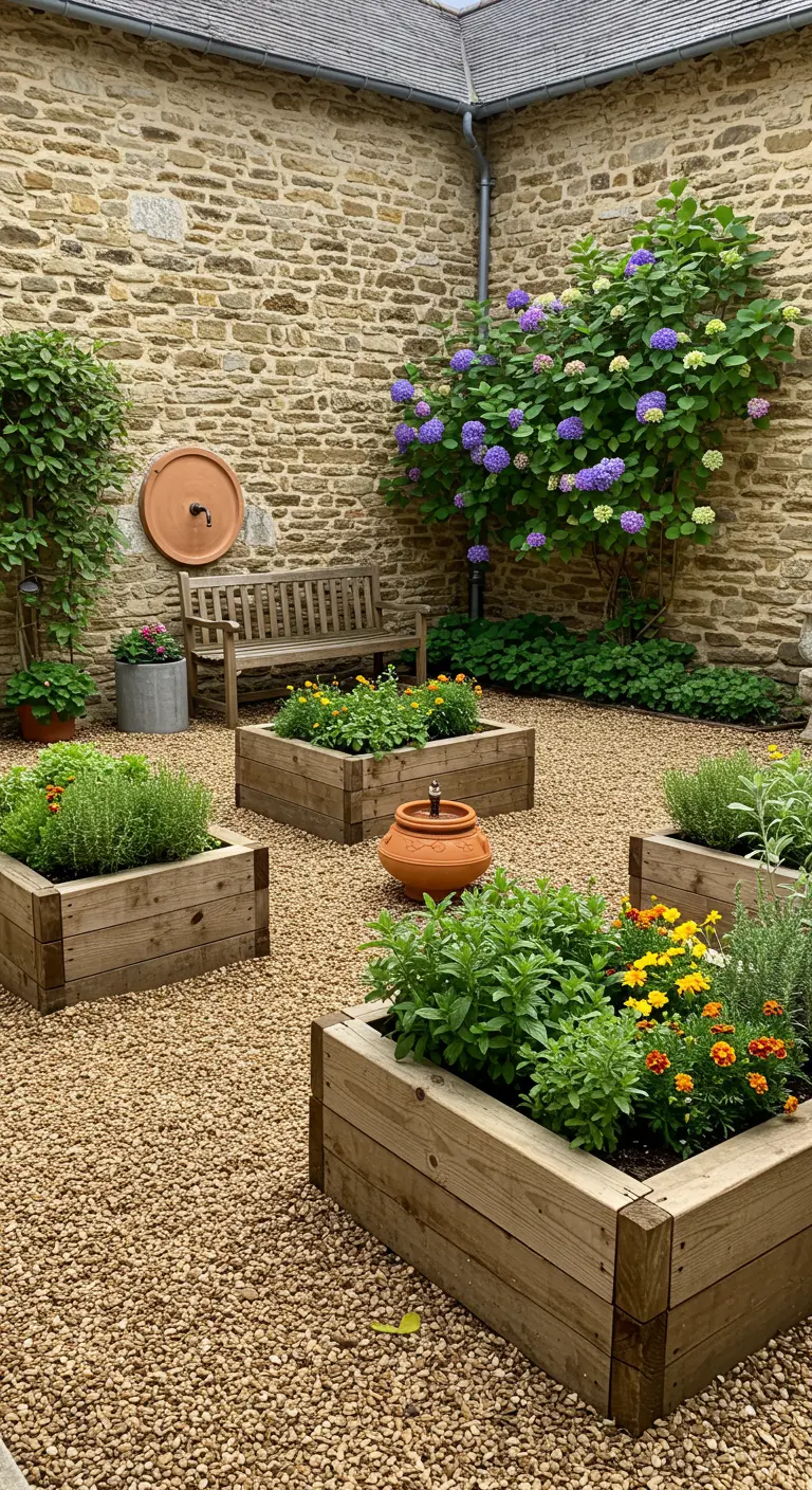 Cour intérieure sur gravier avec quatre jardinières carrées en bois, herbes et fleurs, banc.