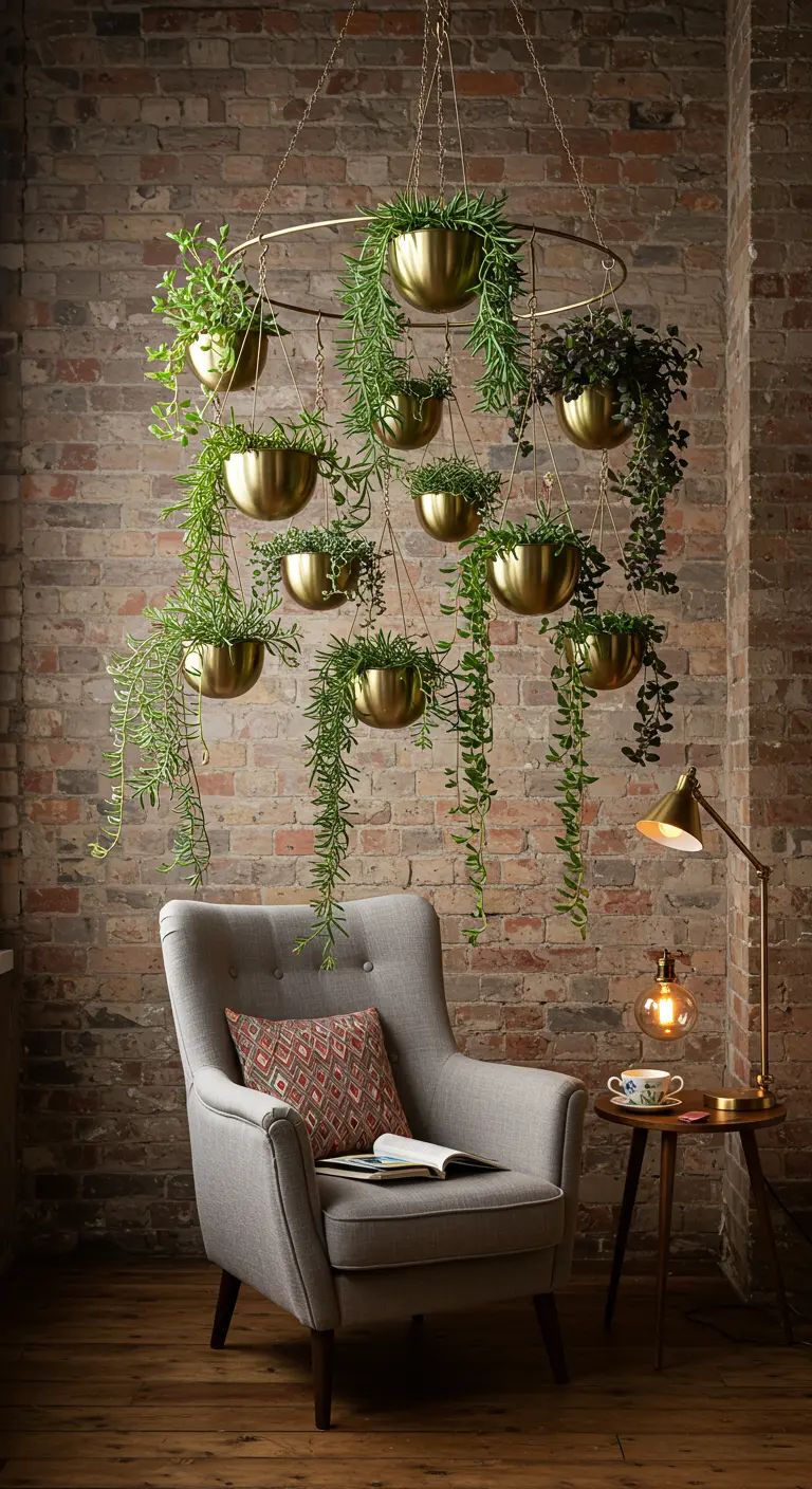 Carrousel de pots suspendus dorés avec plantes vertes retombantes, au-dessus d'un fauteuil confortable.