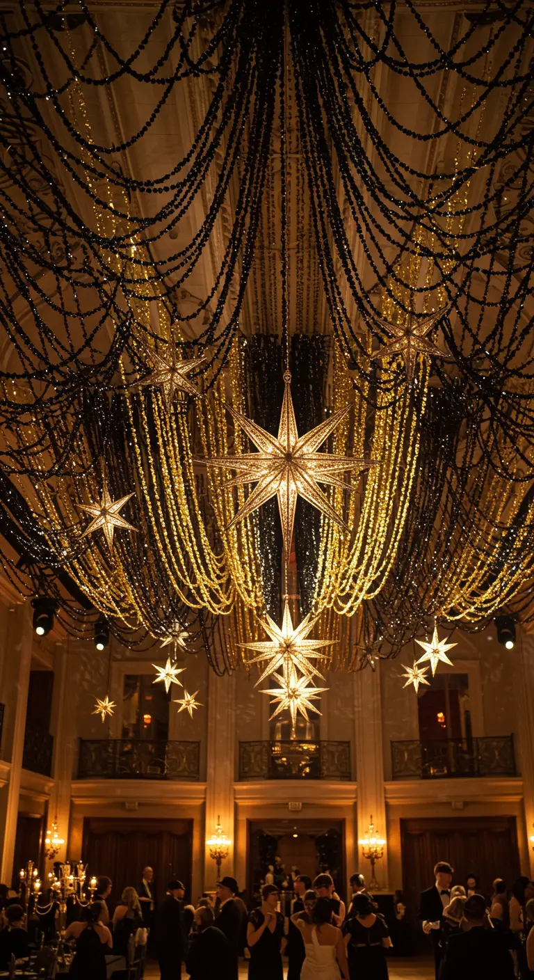 Plafond d'une salle de bal avec cascades de perles noires et or et des étoiles lumineuses.