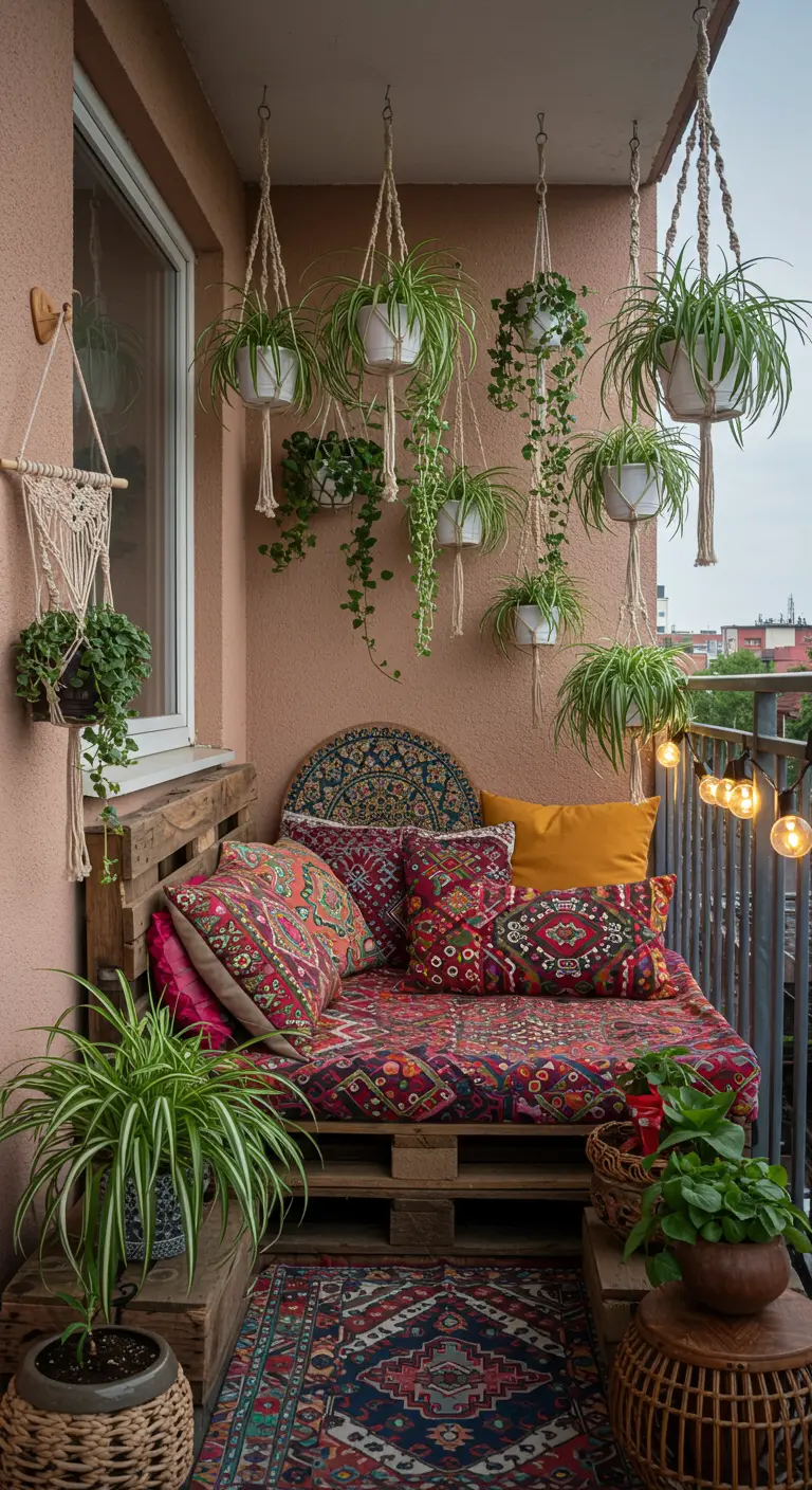 Balcon de style bohème avec canapé en palettes, tapis et plantes suspendues.