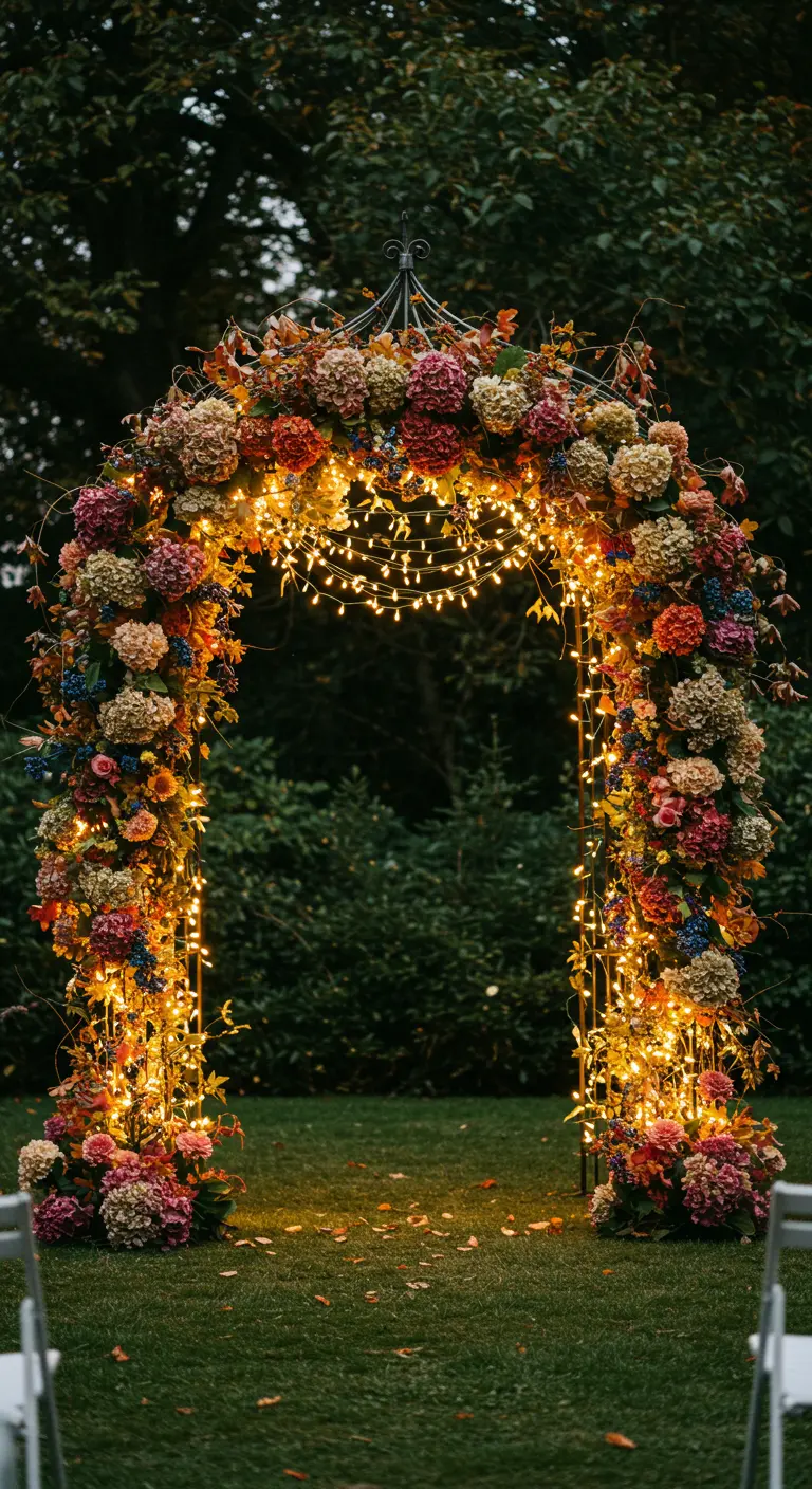 Arche métallique couverte d'hortensias d'automne et de multiples guirlandes lumineuses.