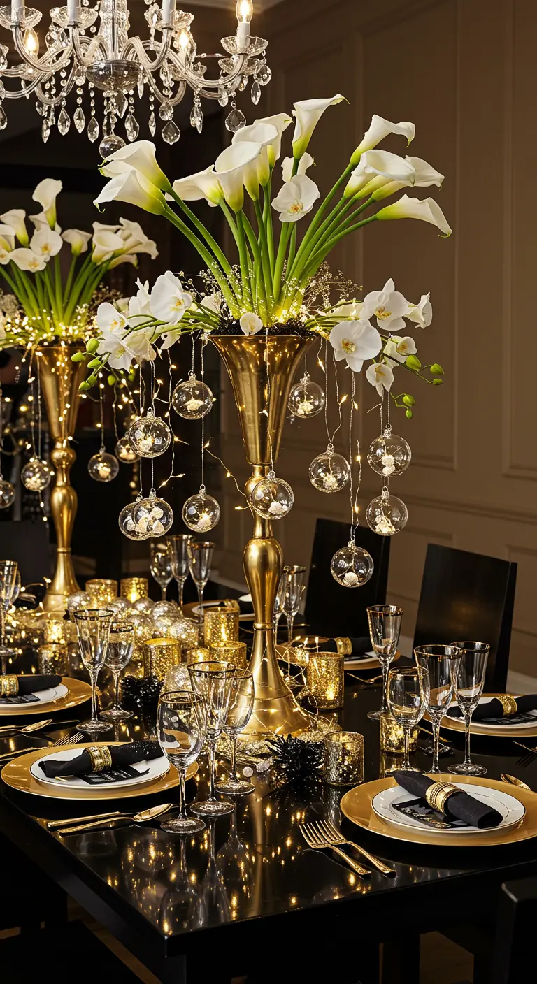 Centre de table haut et doré avec arums blancs et boules de verre lumineuses sur une table noire.