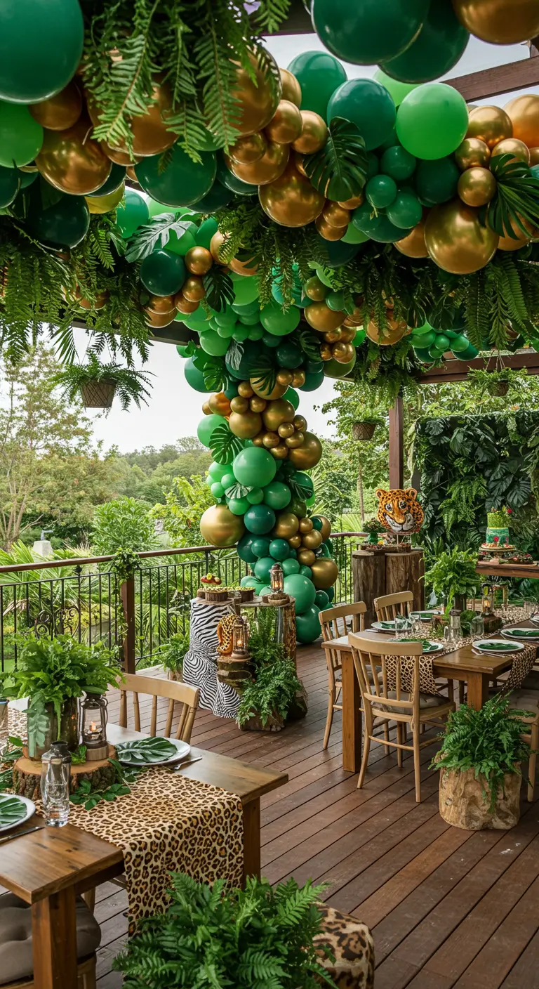 Terrasse décorée sur le thème de la jungle avec une cascade de ballons verts et dorés au plafond.