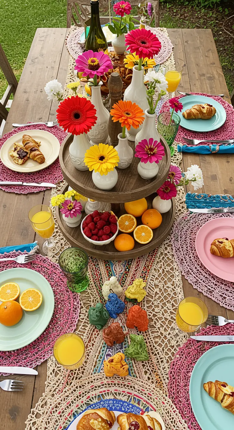 Présentoir à étages en bois avec des dizaines de petits vases contenant des gerberas colorés.