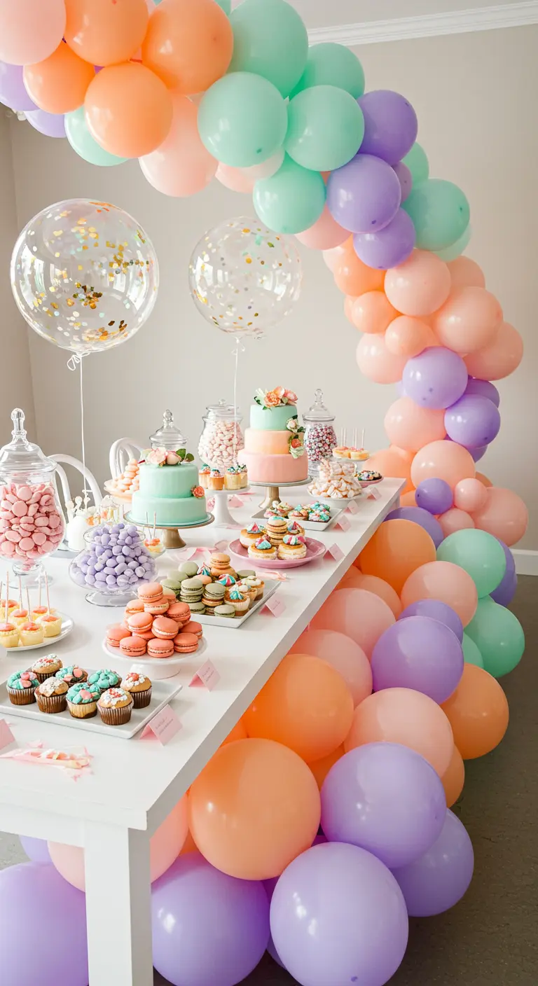 Arche de ballons pastel tombant en cascade autour d'une table de bonbons.