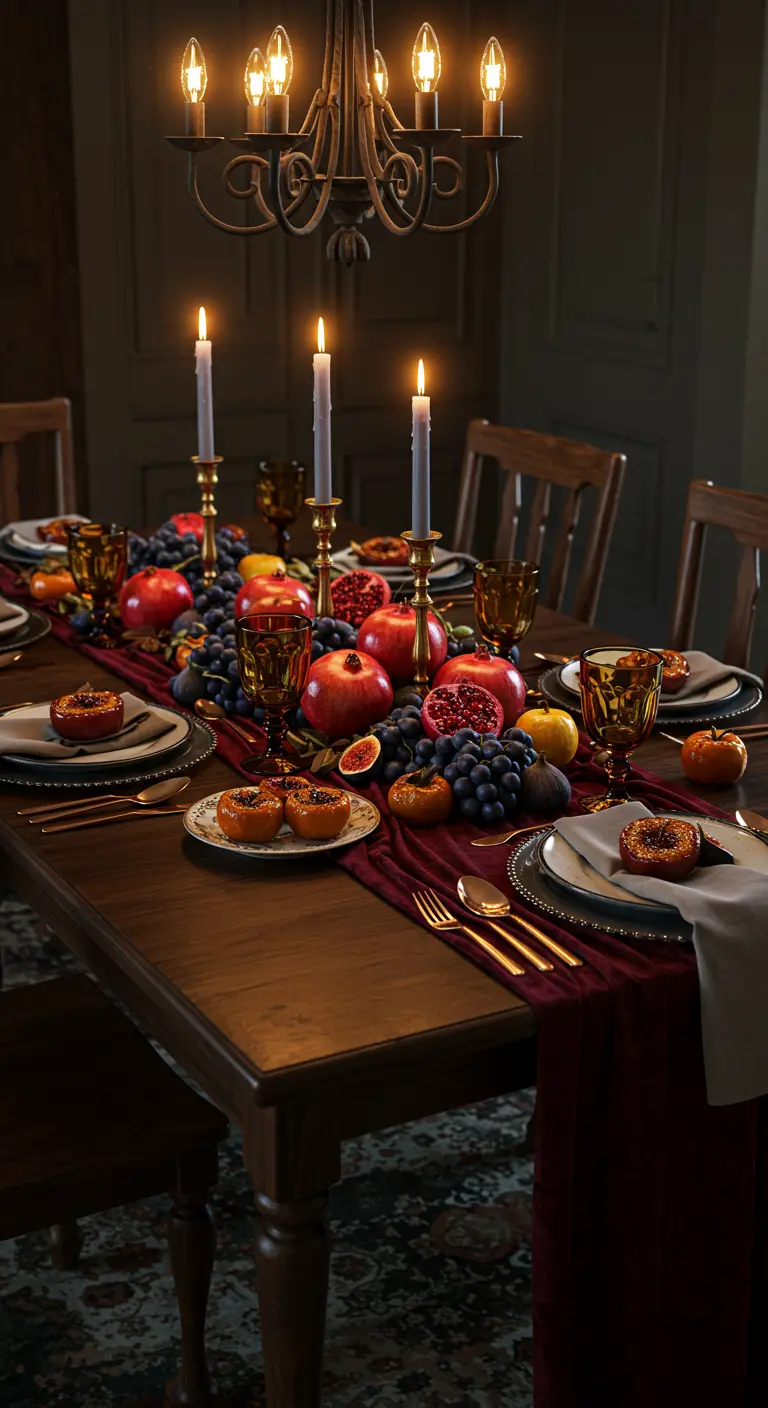 Table de fête automnale avec des fruits sombres et des bougies.
