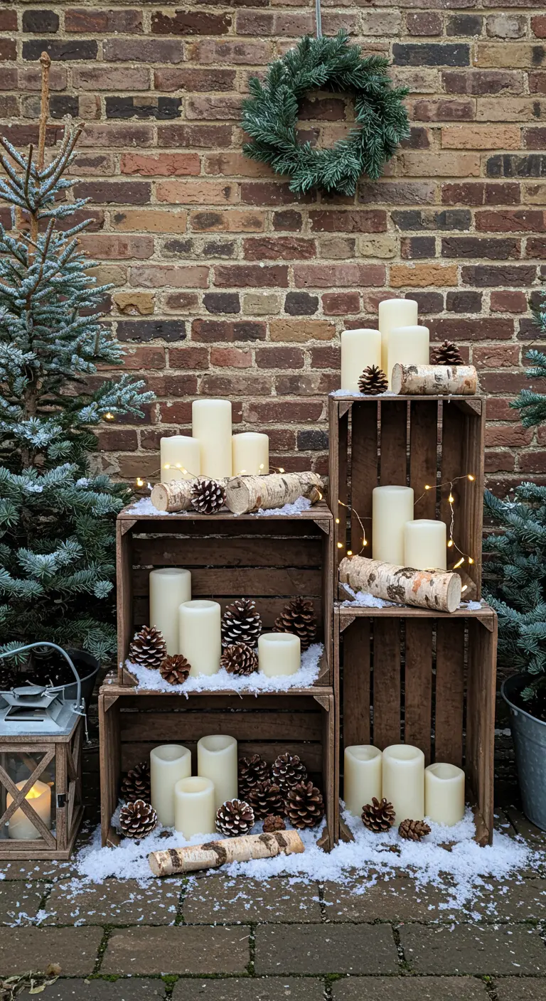 Pyramide de caisses en bois avec bougies LED, bûches de bouleau et neige artificielle.