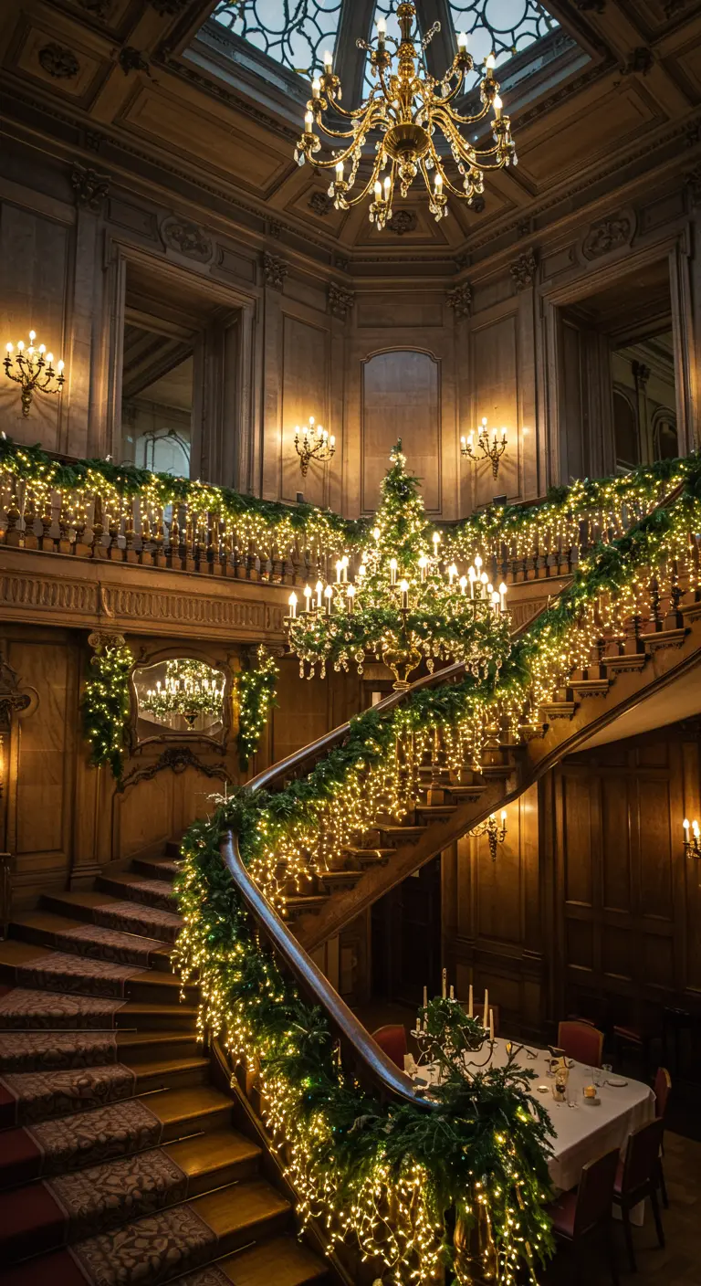 Grand escalier en bois majestueux, décoré de guirlandes de sapin et de lumières de Noël.