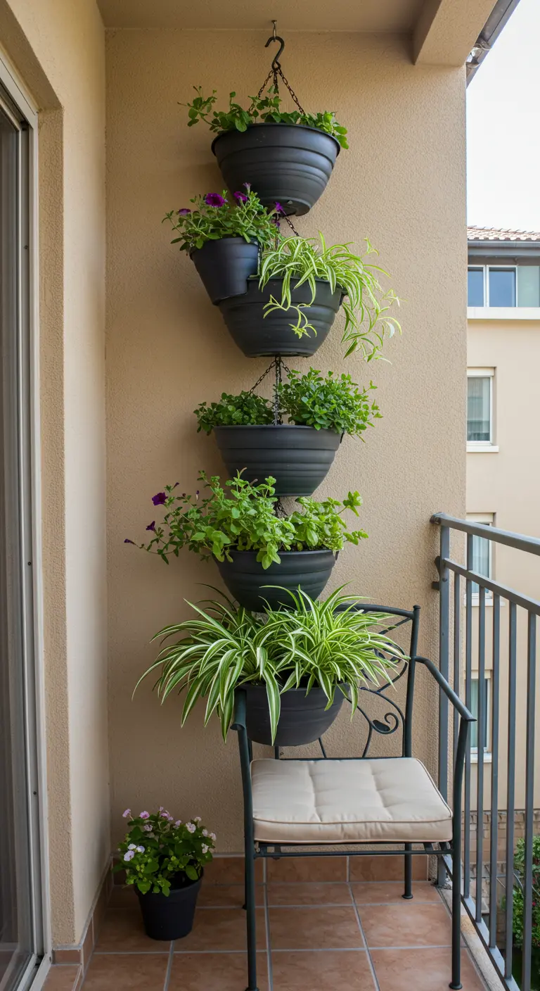 Pots suspendus empilés avec plantes araignées et pétunias sur un mur de balcon.