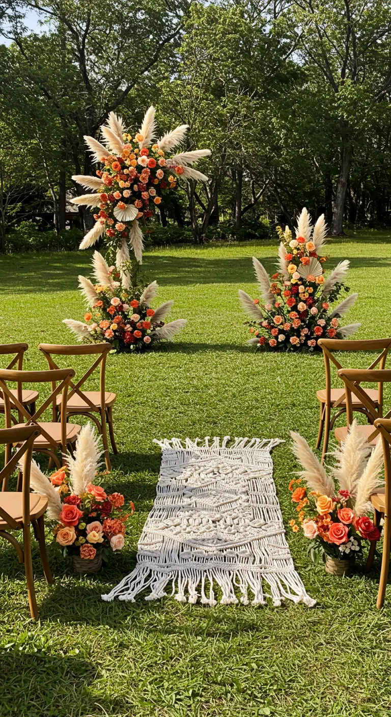 Arrangements floraux asymétriques orange et pampas sur une pelouse verte.